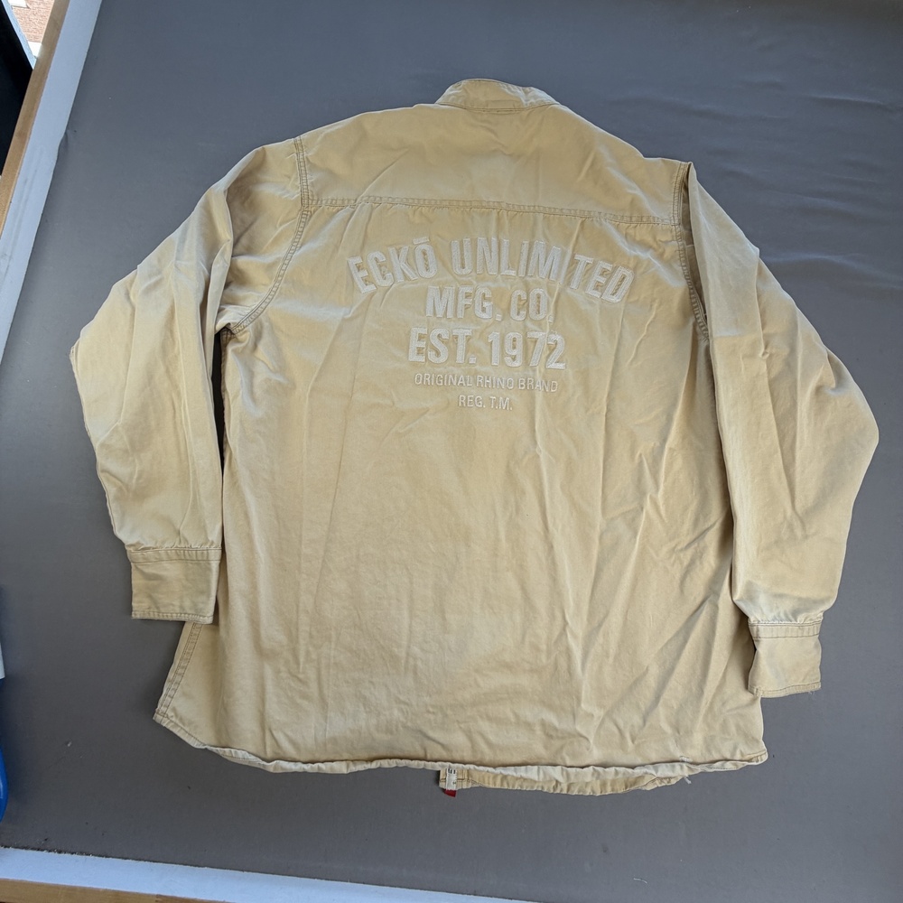 Ecko Unltd Shirt Mens XL Beige Twill Long Sleeve Button Front Embroidered Rhino